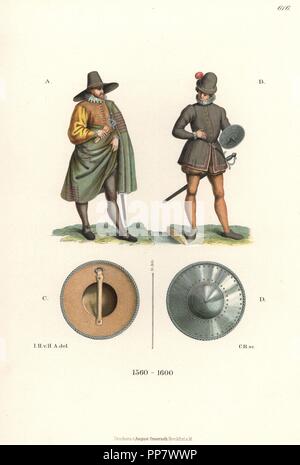 L'homme français dans une large brim hat et le cap, un homme anglais avec doublet court, flexible, Épées, boucliers B, et round targe ou bouclier C,D, fin du 16e siècle. Chromolithographie de Hefner-Alteneck les costumes, Œuvres et appareils du Moyen-Âge au 17ème siècle, Francfort, 1889. Illustration par le Dr Jakob Heinrich von Hefner-Alteneck, lithographiée par C. Regnier. Le Dr Hefner-Alteneck (1811-1903), était un conservateur de musée, archéologue, historien de l'art, illustrateur et graveur. Banque D'Images