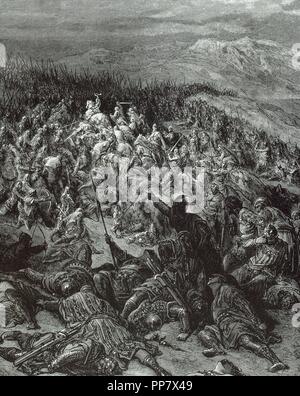 Croisades. Lutte entre le christianisme et les forces musulmanes. La lutte contre les croisés sur le champ de bataille contre les Turcs d'Antioche. Gravure de Gustave Dore (1832-1883). Banque D'Images