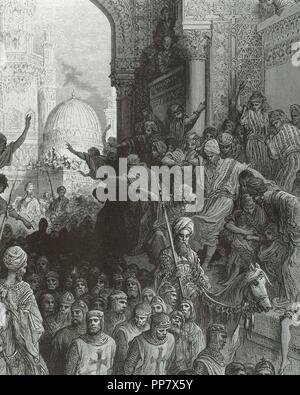 Croisades. Lutte entre le christianisme et les forces musulmanes. Croisés faits prisonniers par les arabes. Gravure de Gustave Dore (1832-1883). Banque D'Images