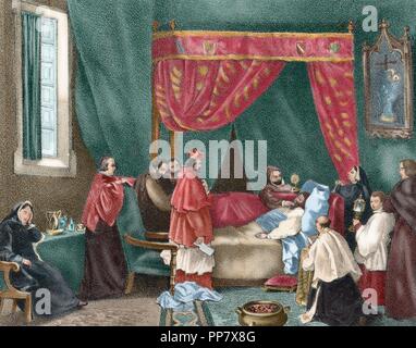 Mort de Jean d'Autriche (1547-1578) par tiphus. Fils illégitime de l'Empereur Charles V, il a été un chef militaire au service de son demi-frère, le roi Philippe II d'Espagne et connu pour sa victoire à la bataille navale de Lépante en 1571 contre l'Empire Ottoman. Gravure par Rafael Castillo en 'Historia de un Iustrada Espan', 1871. De couleur. Banque D'Images