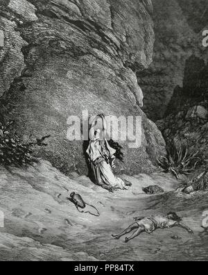 Agar et Ismaël dans le désert. Livre de la Genèse. Ancien Testament. Gravure de Gustave Dore (1832-1883). Banque D'Images