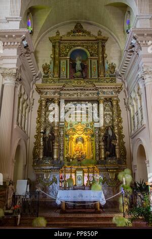 Mare de Déu de Bonany, una talla de madera que la tradición atribuye un la época medieval, sentada en una silla con el Niño Jesús sobre las rodillas,Ermita de Bonany,siglo XVII, Petra, Majorque, Iles Baléares, Espagne, Europe. Banque D'Images