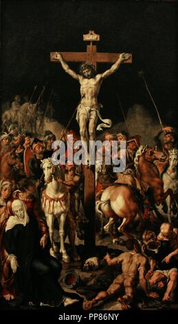 Maerten van Heemskerck (1498-1574). Peintre hollandais. Calvaire (triptyque), 1545-1550. Jésus crucifié dans le panneau central. Détail. Huile sur toile montée sur panneau. Le Musée de l'Ermitage. Saint Petersburg. La Russie. Banque D'Images