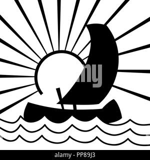 Vector illustration d'un navire avec une voile sur les vagues et le soleil avec poutres apparentes. Illustration de Vecteur