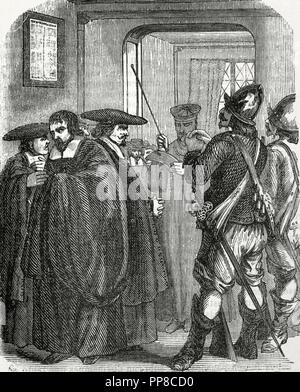 Arrestation des Jésuites accusés d'inspiration Jean Chatel (1575-1594) d'assassiner le roi Henri IV de France (1553-1610) les 27 décembre 1594,. Gravure par Dupre, 1851. Banque D'Images