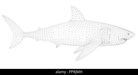 Requin 3D polygonale. Requin dangereux isolé sur fond blanc. Le requin est recouvert d'un maillage polygonal. Vue de côté. Vector illustration. Illustration de Vecteur