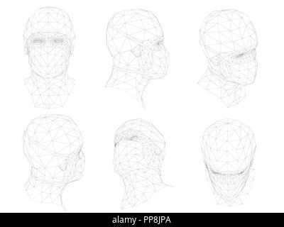 Tête polygonale médecin en masque. Une série de six types de médecin Tête 3D. Divers types d'arrangement de la tête, avant, côté, arrière, isométrique, haut. Il vecteur Illustration de Vecteur