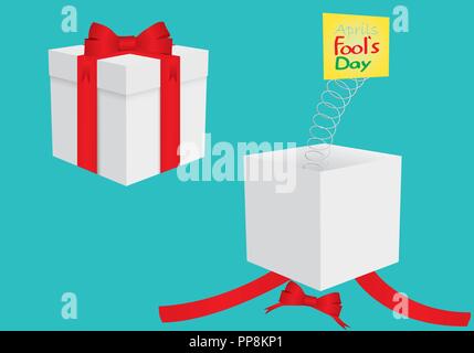 La boîte cadeau est ouvert, une source jaillit d'elle avec un morceau de papier avec l'inscription le 1er avril, le jour des fous. 3D. Tombola avec une boîte cadeau wit Illustration de Vecteur