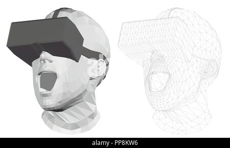 Tête polygonale d'un homme à lunettes de réalité virtuelle. L'isométrie. La tête d'un homme à lunettes noires de la réalité virtuelle 3D. Mesh couvrant la tête. Vecto Illustration de Vecteur