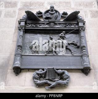 PLACA CONMEMORATIVA EN LA FACHADA DE LA IMPRENTA DE JUAN DE LA CUESTA - EDITORA DEL QUIJOTE. Lieu : extérieur. MADRID. L'ESPAGNE. Banque D'Images