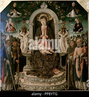 Bartolomeo Vivarini (1432-1491). Peintre italien. Vierge à l'enfant avec Saint Augustin, saint Roch, Saint Louis de Toulouse et de Saint Nicolas de Bari. Dans le ciel, demi-longueur, Saint Catherine, Saint Dominique, Saint Pierre le martyr et Marie Madeleine, 1465. Collection de Bourbon. Musée national de Capodimonte. Naples. L'Italie. Banque D'Images