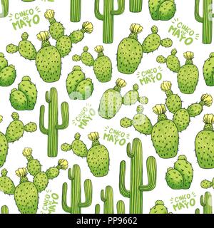 Cactus mexicain Modèle transparent avec écriture verte Le Cinco de Mayo. Épines et les épines et les fleurs. Cactus Saguaro Esculent comestibles comme Indiens ou Mammillaria, fig. Thème de l'Amérique latine Illustration de Vecteur