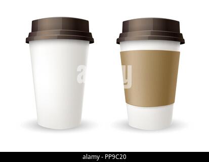 La tasse de café à emporter. Tasse à café en plastique vide vecteur modèle avec support de papier brun chaud isolé sur fond blanc Illustration de Vecteur