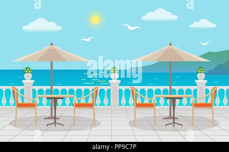 Café avec tables et parasols avec vue sur la mer sur la rue Illustration de Vecteur