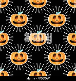 Happy Halloween jackolantern modèle homogène. Jack lantern avec rayons. Vector illustration isolé sur fond noir. Illustration de Vecteur