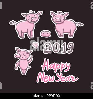 Jeu de cochons doodle mignon dessin au crayon. Autocollant Inscription Bonne Année. L'année 2019 signe chinois. Vector illustration isolé sur fond sombre. Illustration de Vecteur