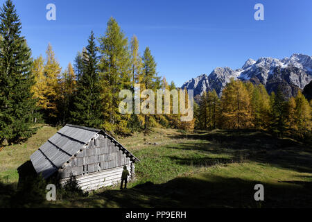 Silhouette de jeune garçon en face d'une cabane rustique en bois sur pré alpin sur une belle après-midi d'automne, entouré par les Alpes Juliennes, en Slovénie, Vršič Banque D'Images