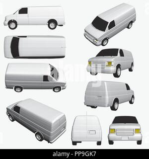 Ensemble avec un van dans différentes positions. 3D. White van dans différentes positions de côté, de dessus, isométriques, avant, arrière. Vector illustration wit Illustration de Vecteur