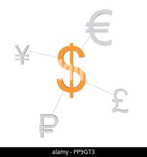 Devises mondiales sont interconnectés. Rouble, dollar, euro, yen, livre sont liés ensemble former un lien. Vector illustration. Illustration de Vecteur