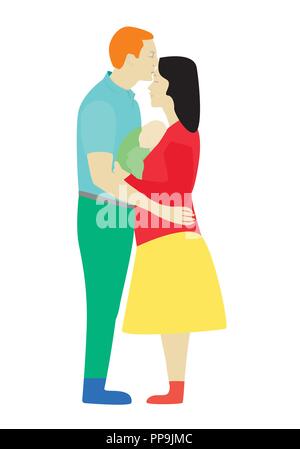 Famille avec le bébé. Style plat. Un homme Bisous et câlins, sa femme, et elle est titulaire d'un nourrisson dans ses bras. Vector illustration. Illustration de Vecteur