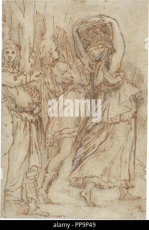 Anonyme / 'trois figures d'une composition de la collecte de la Manne". XVI siècle. Bleu, gris-brun crayon, encre sur papier jaune. Musée : Musée du Prado, Madrid, España. Banque D'Images