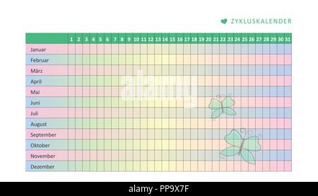 Calendrier de la menstruation mensuelle cycle menstruel avec papillon vector illustration EPS10 Illustration de Vecteur