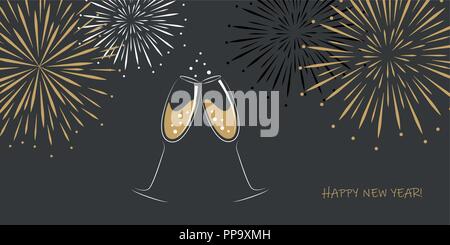 Bonne année carte de voeux deux verres de champagne et feux d'artifice sur fond gris illustration vecteur EPS10 Illustration de Vecteur
