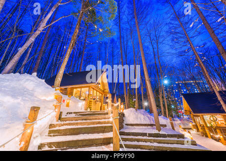 Furano, Hokkaido, Japan winter cabines au crépuscule. Banque D'Images