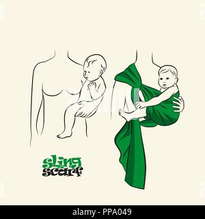 L'infographie, la façon de porter une écharpe écharpe. La bonne position du bébé dans une écharpe. L'image stylisée de la mère et du bébé dans ses bras. Dessin vectoriel sling écharpe. Illustration de Vecteur