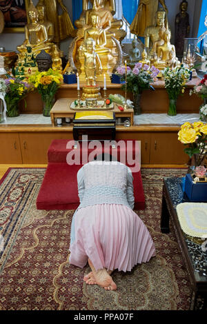 Femme non identifiée adorateur à genoux dans la prière et la méditation devant les statues de Bouddha à la Wat Buddah Thai Thavorn Vanaram à Elmhurst, Queens Banque D'Images