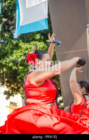 Danseurs de Flamenco, castagnettes, performance, Fandango, Fuengirola un caballo. Événement annuel, fête, événement, Málaga, Andalousie, espagne. Septembre 2018 Banque D'Images