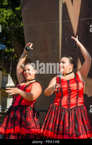 Danseurs de Flamenco, castagnettes, performance, Fandango, Fuengirola un caballo. Événement annuel, fête, événement, Málaga, Andalousie, espagne. Septembre 2018 Banque D'Images