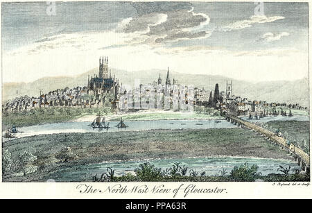 Un imprimé de couleur main de la vue du Nord-Ouest de Gloucester UK 1764 par J Ryland - gravure de Copperplate. Je pensais libre de droits d'auteur. Banque D'Images