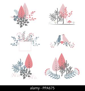 Bouquet d'automne vecteur. Forêt Doodle compositions avec arbres, buissons, et de baies. Doodle illustration, conception de cartes palette Pastel Illustration de Vecteur