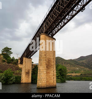 Vue du pont ferroviaire sur la rivière Agueda, reliant le Portugal à l'Espagne et maintenant désactivée depuis 1985, à Barca de Alva, près de th Banque D'Images