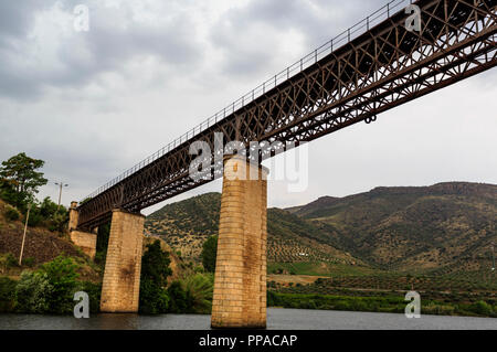 Vue du pont ferroviaire sur la rivière Agueda, reliant le Portugal à l'Espagne et maintenant désactivée depuis 1985, à Barca de Alva, près de th Banque D'Images