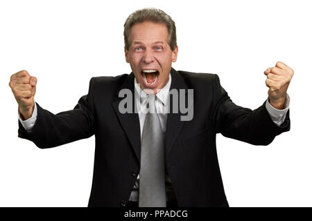 Heureux l'homme excité poing levé triomphant. Banque D'Images