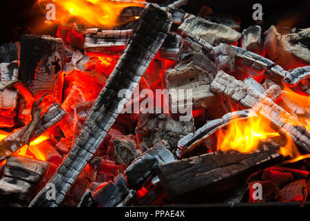 Flammes dans un foyer avec braise Banque D'Images