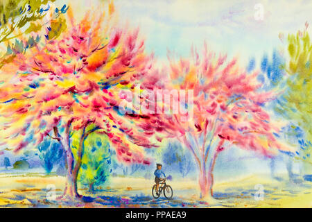 Painting watercolor landscape original pink red colors of Wild himalayan cherry flowers,with soft color,and woman cycling, exercise morning. Hand pain Banque D'Images