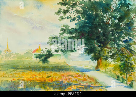 Peinture Aquarelle paysage coloré original de champ de riz,vue sur le village, rue de la saison de printemps. Peint à la main, bleu ciel nuage background,beaut Banque D'Images