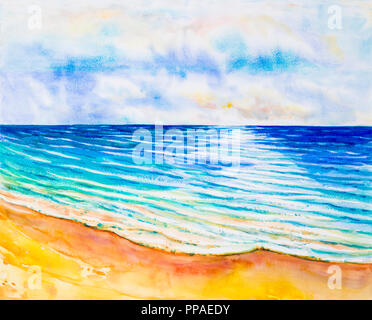 Seascape aquarelle peinture originale de couleur sur la mer, de la plage et le ciel,fond de nuage le matin lumineux, la beauté de la nature saison. Impressionner peint Banque D'Images