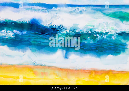 Seascape aquarelle peinture originale de couleur sur la mer, de la plage, des vagues et du ciel,fond de nuage le matin lumineux, la beauté de la nature saison. J'ai peint Banque D'Images