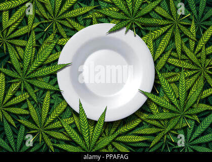 L'alimentation et de cannabis marijuana ou de mauvaises herbes comestibles cueillies un snack avec une assiette sur les feuilles de plantes de chanvre représentant repas imprégné de substances psychoactives. Banque D'Images