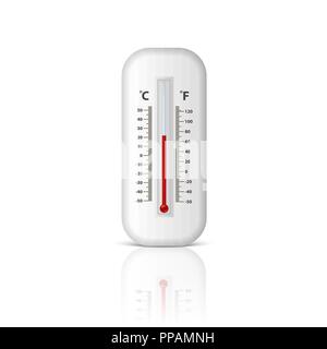 Réaliste vecteur 3D White Celsius et Fahrenheit thermomètre météo météorologie, gros plan sur l'icône isolé sur fond blanc avec la réflexion. Clip art, modèle de conception pour les graphiques Illustration de Vecteur