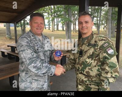 Le colonel James R. Camp (gauche), l'adjudant-général adjoint de l'Ohio pour l'air, est présenté avec un patch de l'unité par un membre de la Force de défense hongroise le 15 août 2018, au cours de l'opération Northern Strike 18 au Camp Grayling, Michigan Northern Strike 18 est une multinationale, exercice de formation multiservices qui a lieu chaque année dans le nord du Michigan. (La Garde nationale de l'Ohio Banque D'Images