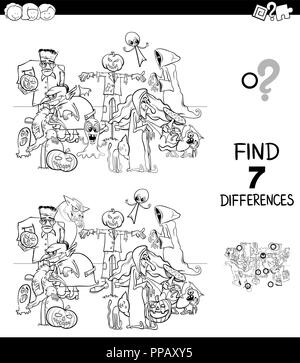 Illustration Cartoon noir et blanc de trouver dix Différences entre images jeu éducatif pour les enfants ayant des personnages de l'Halloween Coloring Book Illustration de Vecteur