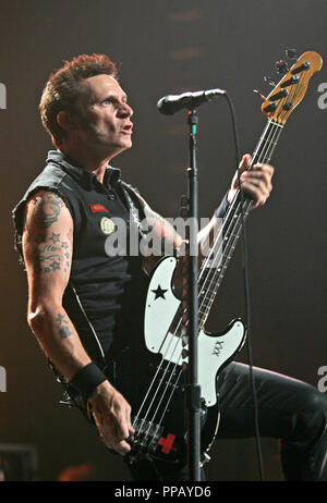 Mike Dirnt avec Green Day se produit en concert à l'American Airlines Arena de Miami, le 4 août 2009. Banque D'Images