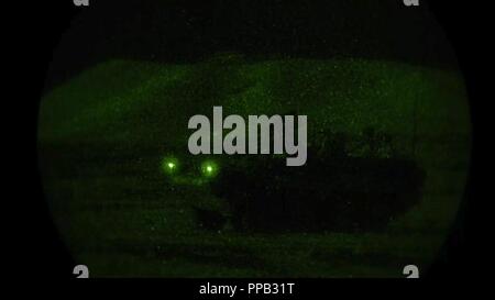 Des soldats américains affectés au 1er Peloton, Troupe de la foudre, 3e Escadron, 2e régiment de cavalerie l'exploitation d'un véhicule blindé Stryker, tout en participant à un exercice de tir réel interarmes pendant 18 Partenaire Noble de Vaziani, Géorgie, le 13 août 2018. Noble est un partenaire des forces armées géorgiennes et l'Europe de l'armée américaine dirigée par l'ensemble de l'exercice c'est de suite itération. L'exercice est destiné à soutenir et à améliorer l'état de préparation et l'interopérabilité de la Géorgie, aux États-Unis et dans des pays participants au cours de l'entraînement multinational des opérations. Banque D'Images