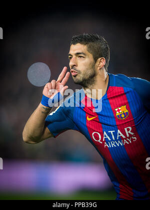 Barcelone.Espagne.Luis Suarez joueur du FC Barcelone célèbre un but pendant un match joué au Camp Nou La Liga 18 Décembre 2016 Banque D'Images