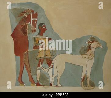 Homme debout tenant les rênes d'un cheval avec un chien avant. Fresco daté entre le 14e et 13e siècle avant J.-C.. Deuxième palais de Tirynthe Musée Archéologique National. Athènes. La Grèce. Banque D'Images